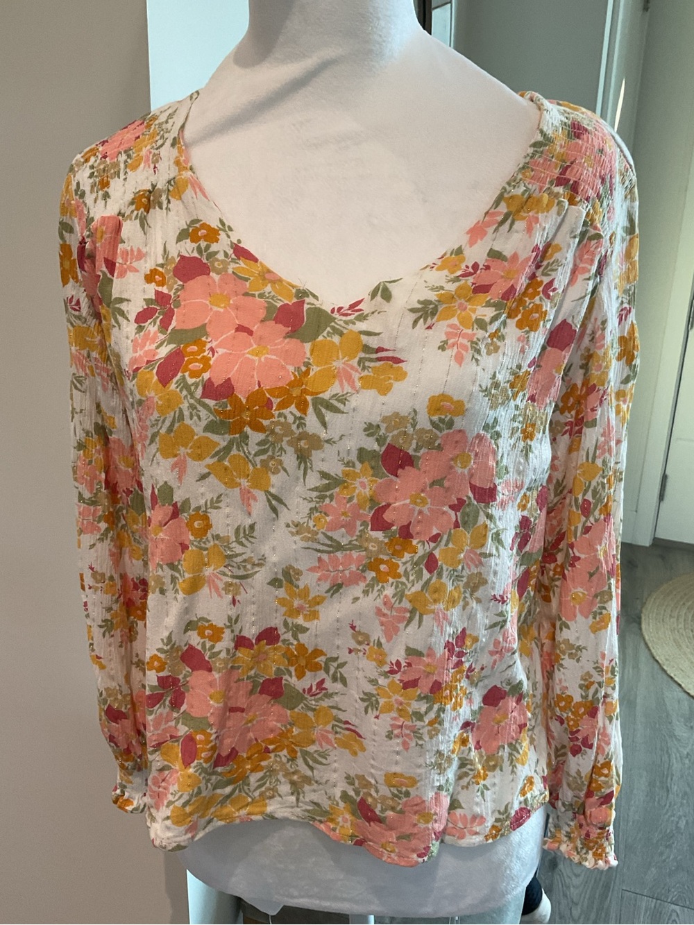 **Joie**  Pretty Textured Floral V-Neck Blouse Pink  & Yellow